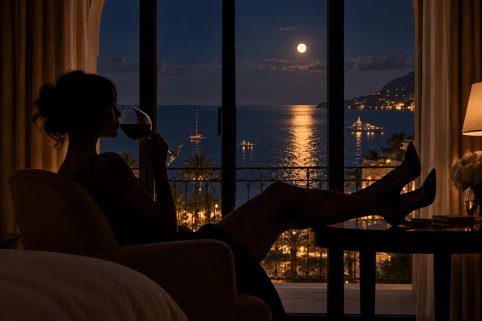 Silhouette in an armchair, a glass of wine, a window onto the sea beneath a full moon